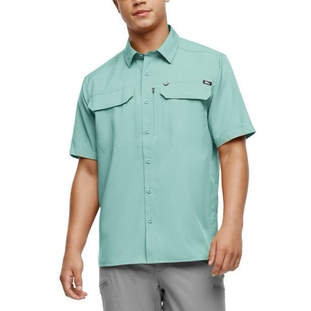 Eddie Bauer Woven Tech Shirt Mens S Light Blue Short Sleeve Button-Up Pockets